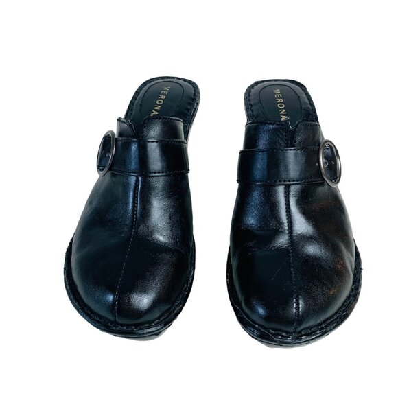 Merona Black Leather Slip-On Wedge Clogs Womens Size 9.5 Featuring Buckle Detail - Picture 3 of 14